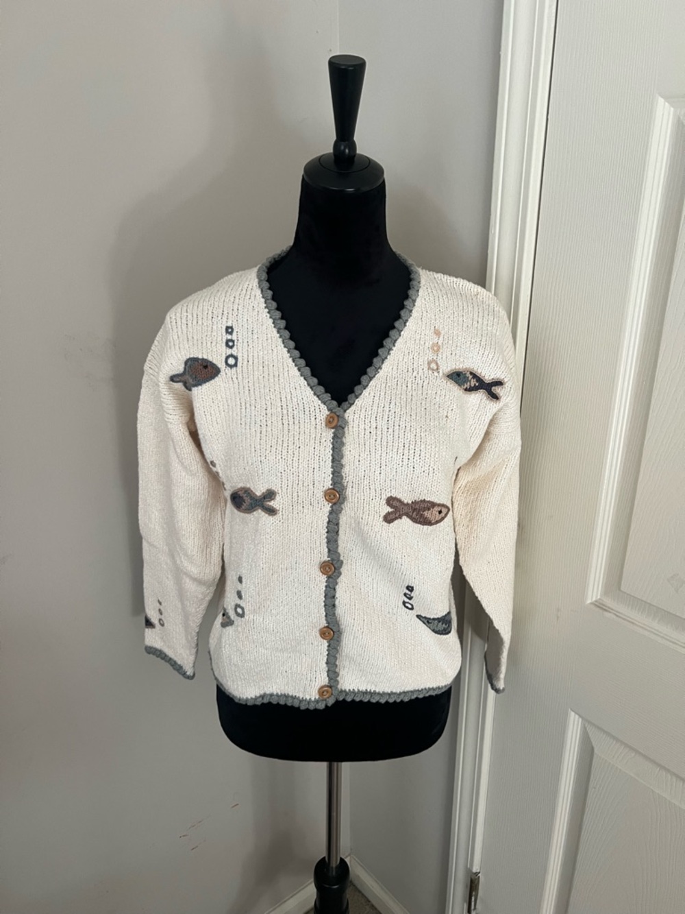Planet Earth Imports Fish Cardigan Cottagecore Coastal Grandma Sweater, Size 1
